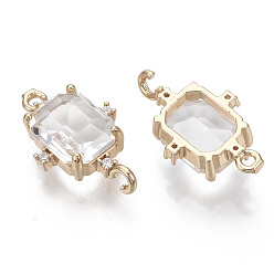 Clear Glass Links connectors, with Brass Micro Pave Cubic Zirconia, Faceted, Rectangle, Light Gold, Clear, 20x12x5.5mm, Hole: 1.2mm