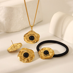 Настоящее золото 18K Элегантные 304 серьги-гвоздики из нержавеющей стали с цветком лотоса, ожерелья с подвесками и наборы резинок для волос для женщин, с природных драгоценных камней, реальный 18 k позолоченный