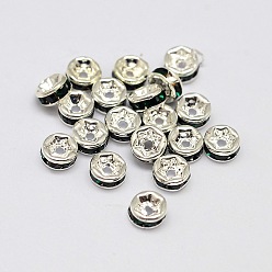 Изумруд Наберешь осажденный класс Rondelle латунь горный хрусталь Spacer бисер, серебряные, изумруд, 4x2 мм, отверстие : 0.5 мм