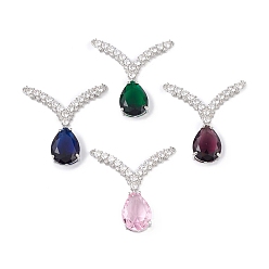 Platinum Rack Plating Brass Micro Pave Cubic Zirconia 2-Loop Pendants, Teardrop & V-shape Charm, with Glass, Cadmium Free & Lead Free, Long-Lasting Plated, Mixed Color, Platinum, 36x36x7mm, Hole: 1mm