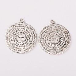 Античное Серебро Сплавочные подвески тибетского стиля, без свинца, без кадмии и без никеля, плоские круглые с молитвы Господней для католицизма, античное серебро, 36x32x2 мм, отверстие : 4 мм