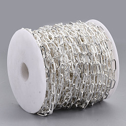 Silver Unwelded Iron Paperclip Chains, Flat Oval, Drawn Elongated Cable Chains, with Spool, Silver Color Plated, 12.5x6x1.2mm, about 82.02 Feet(25m)/roll