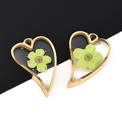 Желто-Зеленый 304 подвески из нержавеющей стали с эпоксидной смолой, Сердце с высушенным цветком, ионное покрытие (ip), реальный 18 k позолоченный, желто-зеленый, 20x13x3 мм, отверстие : 0.9 мм