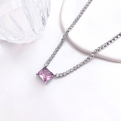 Фиолетовый Теннисные ожерелья с прямоугольным кулоном из латуни с кубическими циркониями, платина, фиолетовые, 16.14 дюйм (41 см), Кулон : 10x8 мм