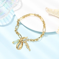 Shell Shape Браслеты с подвесками из нержавеющей стали и натурального зеленого авантюрина, браслеты из латунной цепочки для женщин, форма ракушки и морской домик, 8-1/8 дюйм (20.6 см)