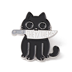Black Cat with Knife Enamel Pin, Word They/Them Alloy Badge for Backpack Clothes, Platinum, Black, 30x29x1.5mm