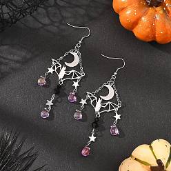 Stainless Steel Color Halloween Stainless Steel Glass Dangle Earrings, Bat & Moon & Star, with 316 Surgical Stainless Steel Earring Hooks, Stainless Steel Color, 94x32mm