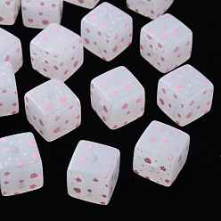 Flamingo Printed Acrylic Beads, Square with Flower Pattern, Flamingo, 16x16x16mm, Hole: 3mm