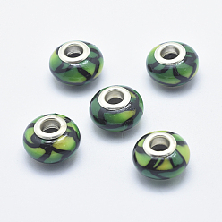 Grün Handgemachte  europäischen Fimo-Perlen, mit versilberten Messingkernen, Großloch perlen, Rondell, grün, 13~16x8~11 mm, Bohrung: 4.5~5 mm