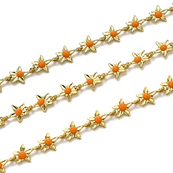 Orange Brass Link Chains, with Enamel, Spool, Long-Lasting Plated, Unwelded, Star, Golden, Orange, Link: 9x6.1x1.5mm