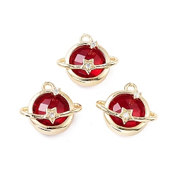 Красный Латунные микро проложить кубического циркония подвески, со стеклом, планета со звездой, красные, 15x16.5x6 мм, отверстие : 1.5 мм