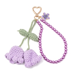 Фиолетовый Подвеска ручной работы из хлопковой пряжи, связанная крючком, с ландышами и стеклянными жемчужинами, круглыми бусинами, с поворотными застежками в форме сердца из сплава, фиолетовые, 200 мм