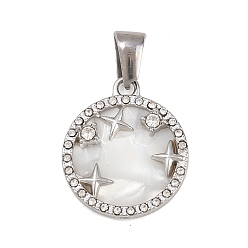 Нержавеющая Сталь Цвет 303 подвески из нержавеющей стали, плоский круглый со звездными подвесками, горный хрусталь и эмали, цвет нержавеющей стали, 19.5x16.5x3 мм, отверстие : 2.8 мм