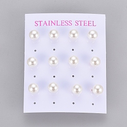 Mixed Color Plastic Imitation Pearl Stud Earrings, with 304 Stainless Steel Pins and Ear Nuts, Round Ball, Mixed Color, 8mm, Pin: 0.6mm, 6pairs/card
