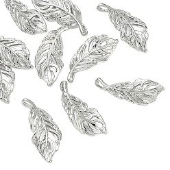 Real Platinum Plated SHEGRACE Brass Pendants, Feather Charms, Cadmium Free & Nickel Free & Lead Free, Real Platinum Plated, 20x8x2mm, Hole: 2.5x1mm