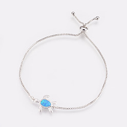 Голубой Регулируемые латунные браслеты Боло, слайдерные браслеты, коробка цепи, с синтетическим опалом, черепаха, платина, голубой, 9-1/2 дюйм (24 см) x 1 мм