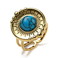 Настоящее золото 18K Ионное покрытие (ip) 304 открытые манжеты из нержавеющей стали, Плоские круглые кольца с синтетической бирюзой для женщин и мужчин, реальный 18 k позолоченный, регулируемый