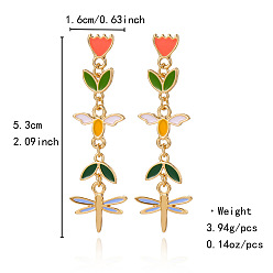 Golden Zinc Alloy Enamel Stud Dangle Earrings, Flower, Golden, 53x16mm