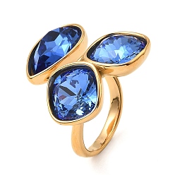 Royal Blue Teardrop & Square Glass Open Cuff Rings, Real 18K Gold Plated 304 Stainless Steel Ring, Royal Blue, US Size 7 1/4(17.5mm)
