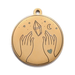 Golden 304 Stainless Steel Pendants, Flat Round with Hand & Diamond, Golden, 28x25x1.4mm, Hole: 2mm