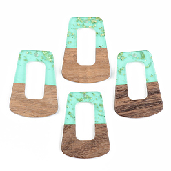 Бледно-бирюзовый Подвески из прозрачной смолы и ореха, золотой фольгой, трапециевидные, бледные бирюзовая, 37.5x27x3 мм, отверстие : 2 мм