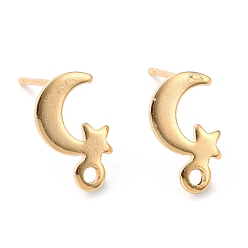 Real 24K Gold Plated 201 Stainless Steel Stud Earring Findings, with Horizontal Loop and 316 Stainless Steel Pin, Moon and Star, Real 24K Gold Plated, 11x7mm, Hole: 1.4mm, Pin: 0.7mm