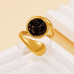 Обсидиан Натуральная крошка обсидиана с 304 открытыми кольцами из нержавеющей стали, плоско-круглые, золотые, 17 мм