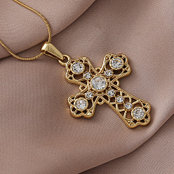 Золотой 304 ожерелья с подвеской-крестом из нержавеющей стали с прозрачным стеклом для женщин и мужчин, золотые, 15.75 дюйм (40 см)