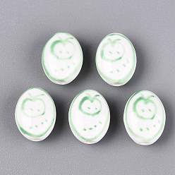 Medium Aquamarine Handmade Porcelain Beads, Hand Painted, Famille Rose Porcelain, Oval & Apple, Medium Aquamarine, 15.5~16x12~12.5x8~8.5mm, Hole: 2~2.5mm