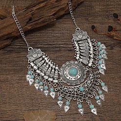 Бледно-бирюзовый Этнический стиль цинковый сплав паве синтетическая бирюза каплевидные массивные ожерелья нагрудник для женщин, античное серебро, бледные бирюзовая, 19.69 дюйм (50 см)