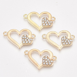 Doré  Connecteurs de liens d'alliage, avec strass, cœur, cristal, or, 16.5x25x2.5mm, Trou: 1.8mm