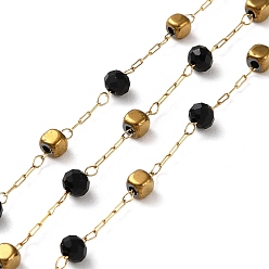 Black Ion Plating(IP) 304 Stainless Steel Link Chains, with Glass Bead, Soldered, with Spools, Cube & Rondelle, Black, 4x3x3mm