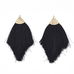 Черный Полиэстер кисточка большие подвесные украшения, со сплавочной фурнитурой, золотые, чёрные, 100~108x51~62x7 мм, отверстие : 2 мм