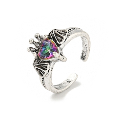Bat Кольцо-солитер из цинкового сплава со стразами, открытое манжетное кольцо для женщин, античное серебро, летучая мышь, регулируемый, летучая мышь: 10.5x15 мм