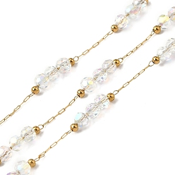 Прозрачный 316 хирургические шариковые цепи из нержавеющей стали, со стеклянными и 304 нержавеющими бусинами, пайки, с катушкой, реальный 18 k позолоченный, прозрачные, 2.5x1x0.2 мм