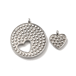 Stainless Steel Color Non-Tarnish 304 Stainless Steel Pendants, Flat Round & Heart Charm, Stainless Steel Color, 28x25x3mm, Hole: 2mm, 2pcs/set