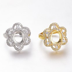 Mixed Color Adjustable Brass Micro Pave Clear Cubic Zirconia Finger Ring Components, 4 Claw Prong Ring Settings, Long-Lasting Plated, Flower, Clear, Mixed Color, US Size 7, Inner Diameter: 17.3mm, Tray: 10x8mm