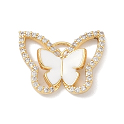 White Rack Plating Brass Micro Pave Clear Cubic Zirconia Pendants, with Enamel, Long-Lasting Plated, Lead Free & Cadmium Free, Real 18K Gold Plated, Butterfky, White, 15x19.5x3mm, Hole: 1.4mm