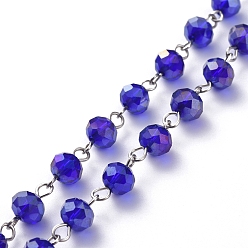 Blue Handmade Electroplate Glass Beaded Chains, with Platinum Plated Iron Eye Pin, Unwelded, Blue, 39.37 inch(100cm), Beads: 8x6mm