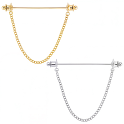 Platinum & Golden 2Pcs 2 Colors Brass Tie Clip, Shirt Collar Brooch for Men Women, with Chain, Platinum & Golden, 49.5x71.5mm, 1pc/color