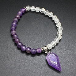 Аметист Эластичные браслеты из натуральных кристаллов кварца и аметиста, браслеты с подвесками для женщин, форма ножа, внутренний диаметр: 2-3/8 дюйм (6 см)