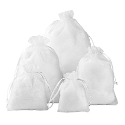 White 5 Style Organza Gift Bags with Drawstring, Jewelry Pouches, Wedding Party Christmas Favor Gift Bags, White, 100pcs/bag