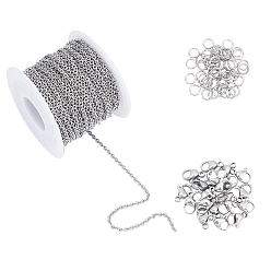 Stainless Steel Color 304 Stainless Steel Cable Chains, Lobster Claw Clasps & Jump Rings, Textured, Unwelded, Stainless Steel Color, Cable Chains: 3x2.5x0.6mm, 20m