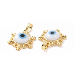 White Handmade Evil Eye Lampwork Pendants, with Real 18K Gold Plated Tone Brass Findings, Snowflake Charm, White, 15x16x4mm, Hole: 4x6.5mm