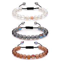 Серый 3 круглые браслеты из плетеных бусин из синтетического лунного камня, украшения из драгоценных камней для женщин, серые, внутренний диаметр: 1-7/8~3-1/4 дюйм (4.8~8.3 см)