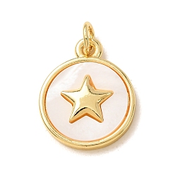 Golden Brass Pendants, with White Shell, Flat Round with Star Charms, Golden, 17.5x14x3.5mm, Hole: 3mm