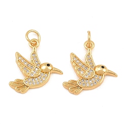 Oro Colgantes de latón micro pavimentado con circonitas negras, encantos de colibrí, larga duración plateado, sin plomo y el cadmio, chapado en rack, dorado, 18.5x16x3.5 mm, agujero: 3 mm