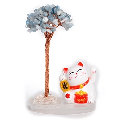 Aquamarine Natural Aquamarine Chips Tree Decorations, Plastic Lucky Cat with Copper Wire Feng Shui Energy Stone Gift for Women Men Meditation, 80mm