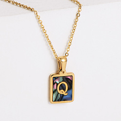 Letter Q 304 ожерелья с прямоугольной подвеской из натуральной ракушки пауа из нержавеющей стали для женщин, реальный 18 k позолоченный, Буква Q, 17.72 дюйм (45 см)