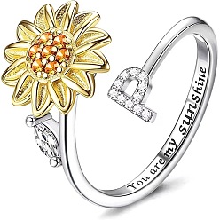 Letter P Регулируемые вращающиеся манжеты из латуни со стразами, письмо и подсолнух, Словом ты мое солнышко, Кольцо-спиннер для успокоения беспокойства, медитации, платина и светлое золото, Письмо P, внутренний диаметр: 15~20 мм